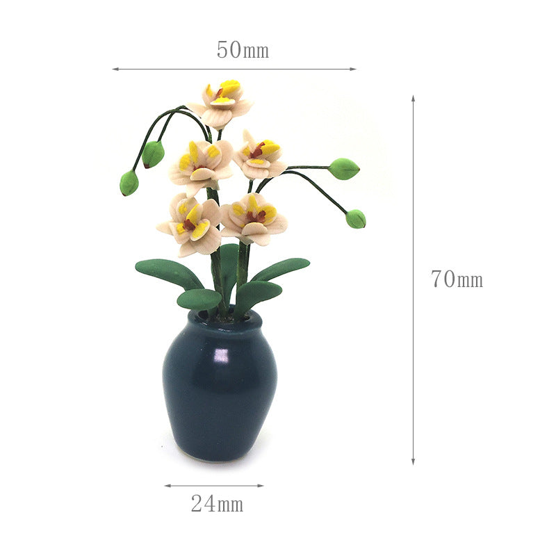 Wholesale 1:12 doll house accessories dollhouse clay flower dark green pottery bottle large white orchid phalaenopsis artificial flower Magnolia